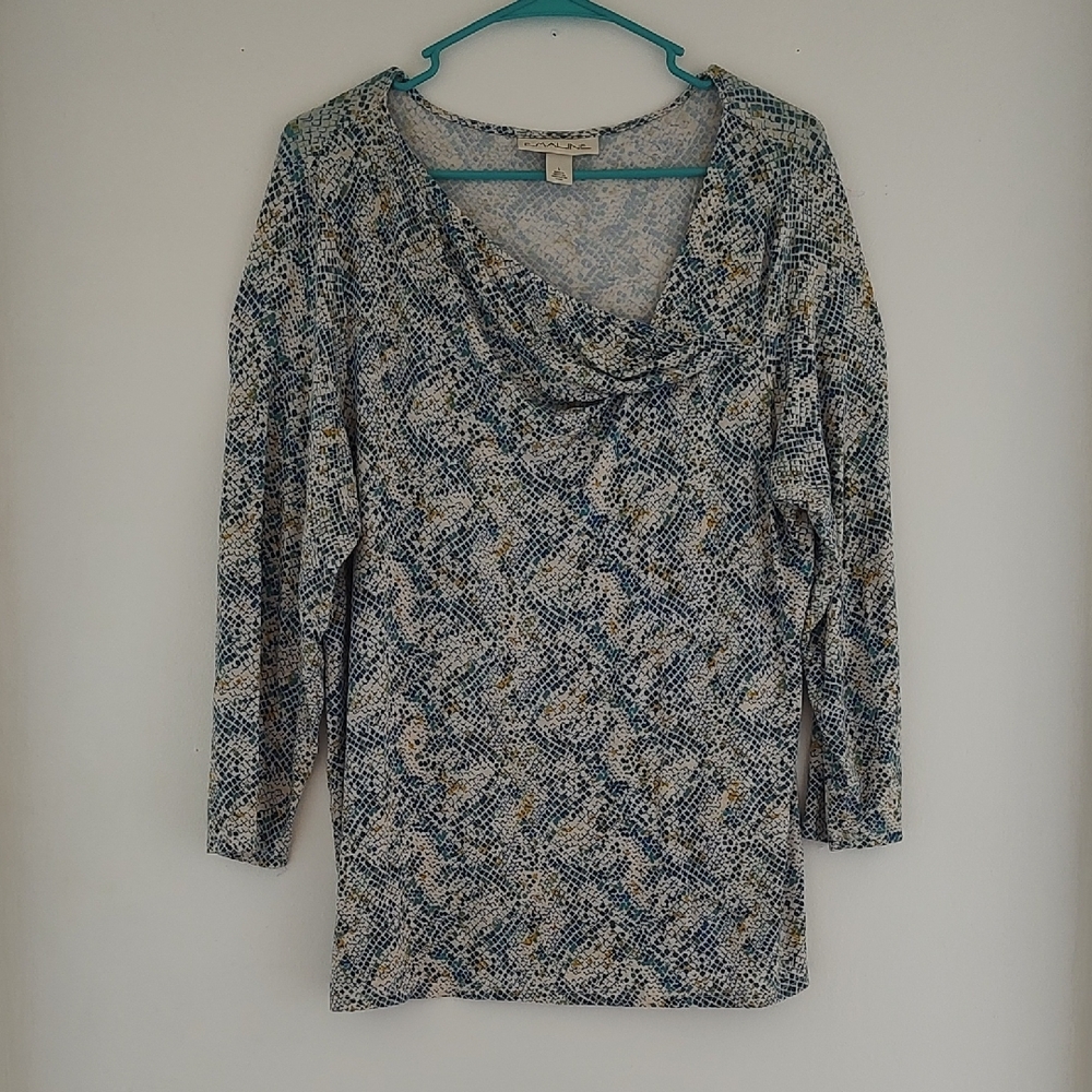 Yellow and Blue Cowl Neck Long Sleeve Blouse